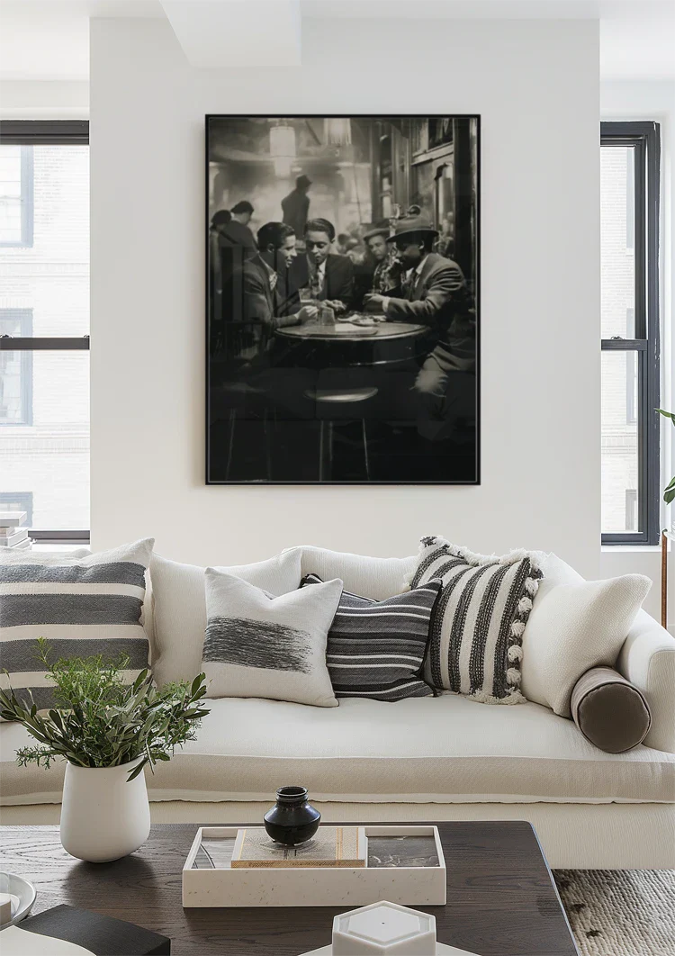 Men at Bar Table in Vintage Pub Black and White Painting