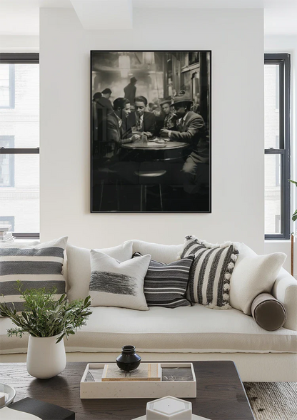 Men at Bar Table in Vintage Pub Black and White Painting