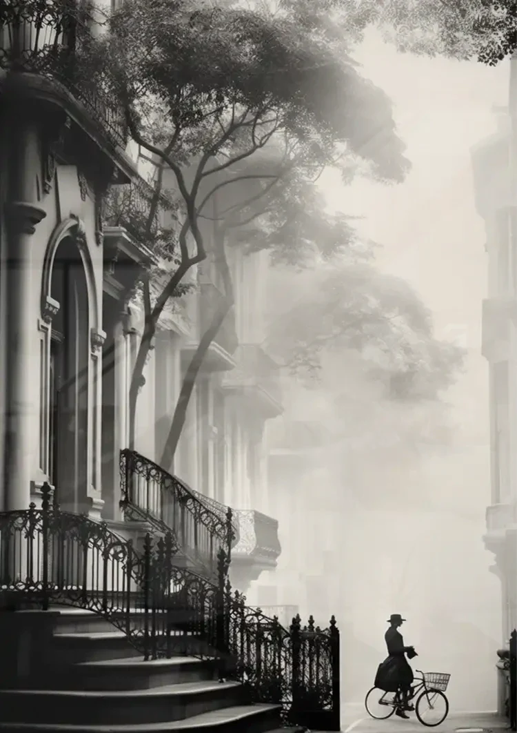 Woman on Bicycle at Church Atmospheric Black and White Painting