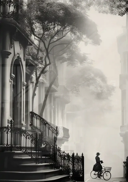 Woman on Bicycle at Church Atmospheric Black and White Painting