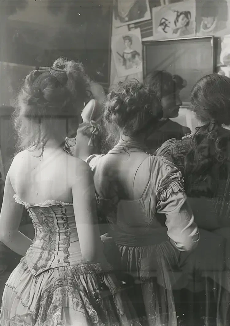 Vintage Ladies in a Row Black and White Elegant Retro Painting