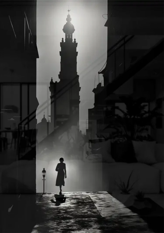 Silhouet bij de kerktoren canvas schilderij boven het bed in de slaapkamer