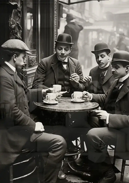 Herren am Café-Tisch Vintage Schwarz-Weiß-Gemälde