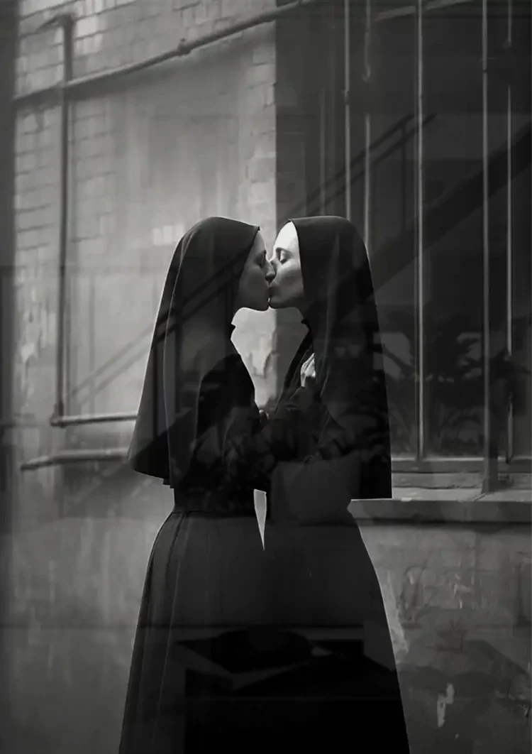 Two Nuns Kissing Black and White Art Photography Canvas Painting