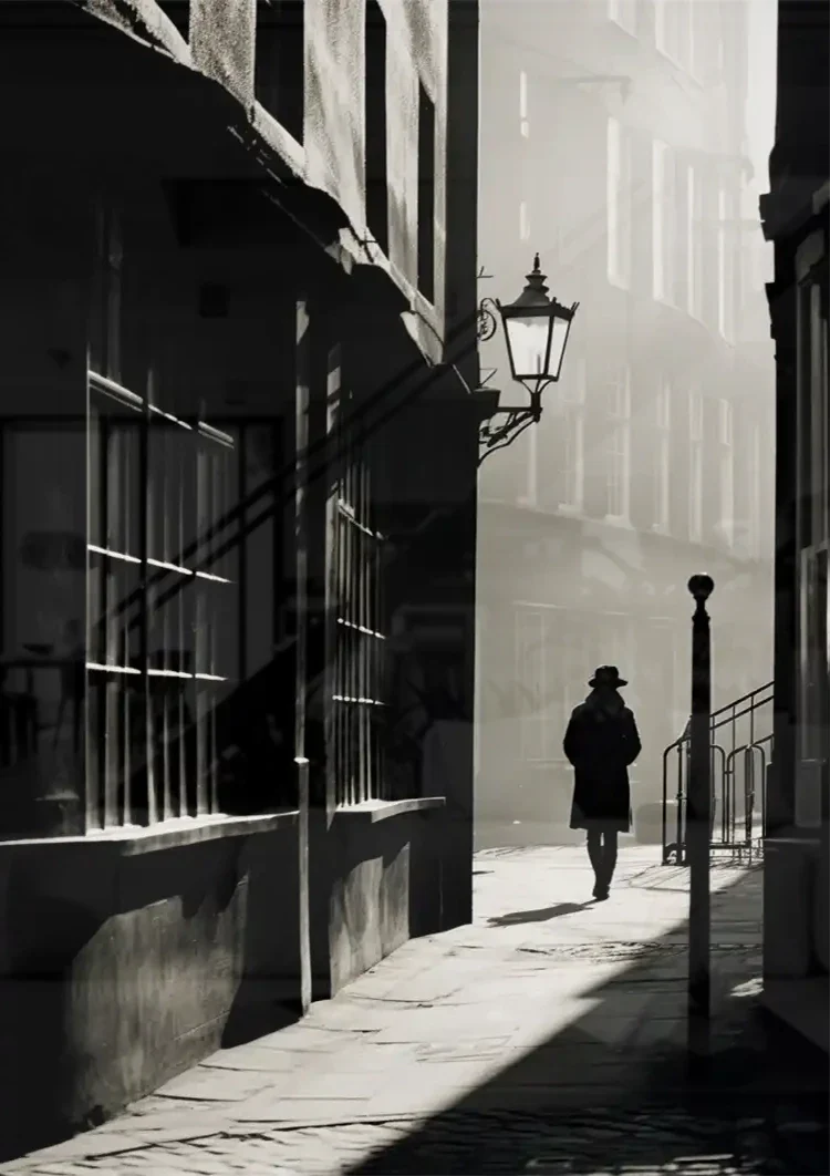 Man with Hat in Dark Street Black and White Vintage Canvas Painting