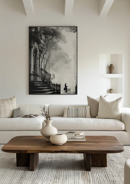 Woman on Bicycle at Church Atmospheric Black and White Painting