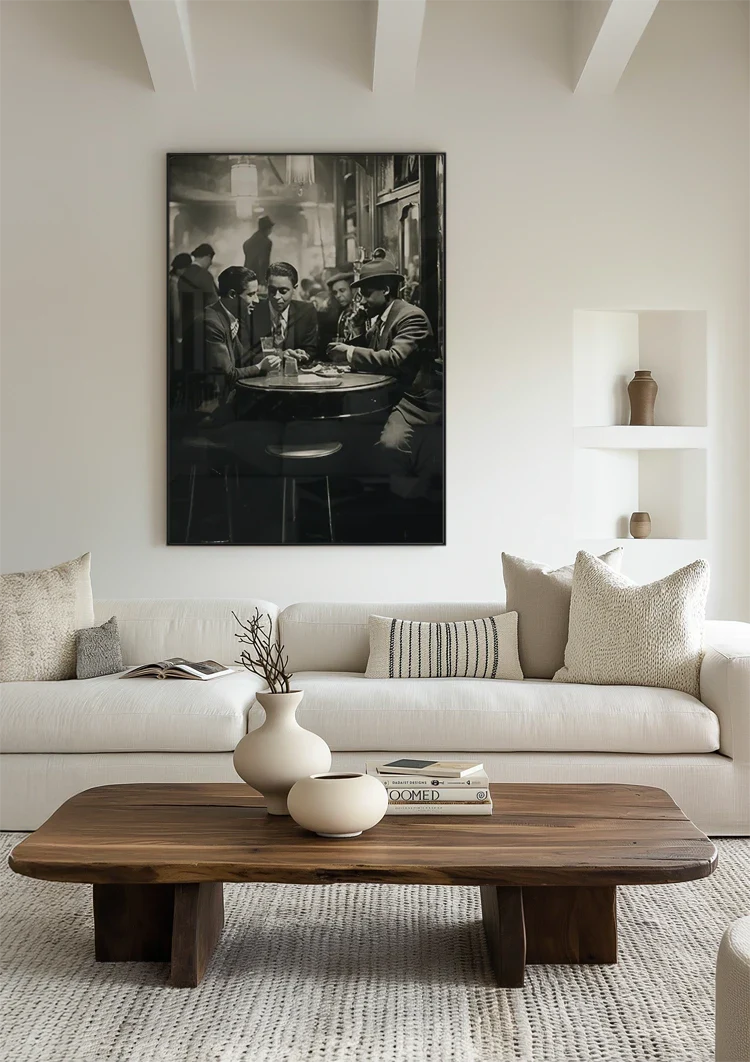 Men at Bar Table in Vintage Pub Black and White Painting