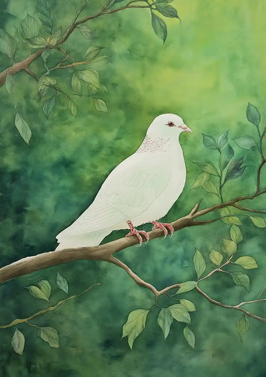 Witte duif canvas schilderij in wit en groen, op een tak met bladeren