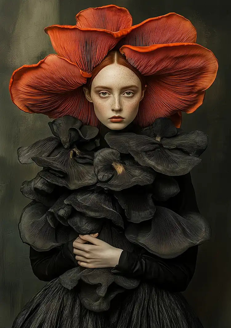 Woman Big Red Flower Hat Black Dress Surreal Portrait Painting