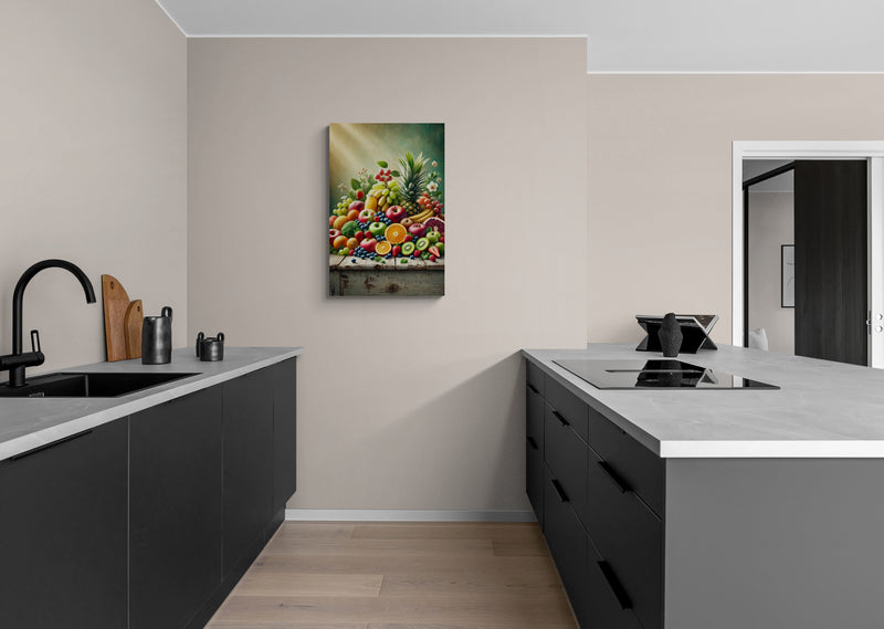 Kleurrijk fruitstilleven met rustieke houten tafel - Canvas wandkunst