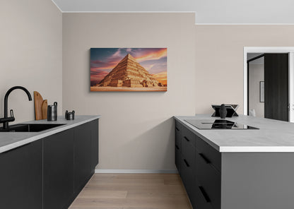 Trappiramide van Djoser in zonsonderganghemel met oud-Egyptisch ontwerp - Canvas wandkunst