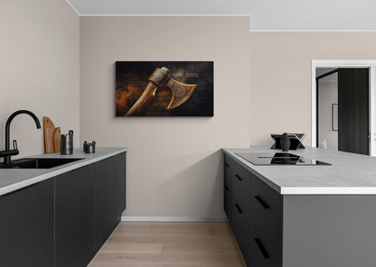 Decoratieve Vikingbijl op rustieke achtergrond - Canvas wandkunst