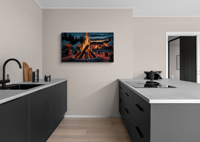 Kampvuurscène met tenten en nachtelijke hemel canvas wandkunst