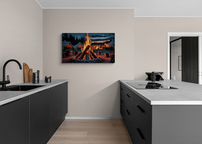 Kampvuurscène met tenten en nachtelijke hemel canvas wandkunst