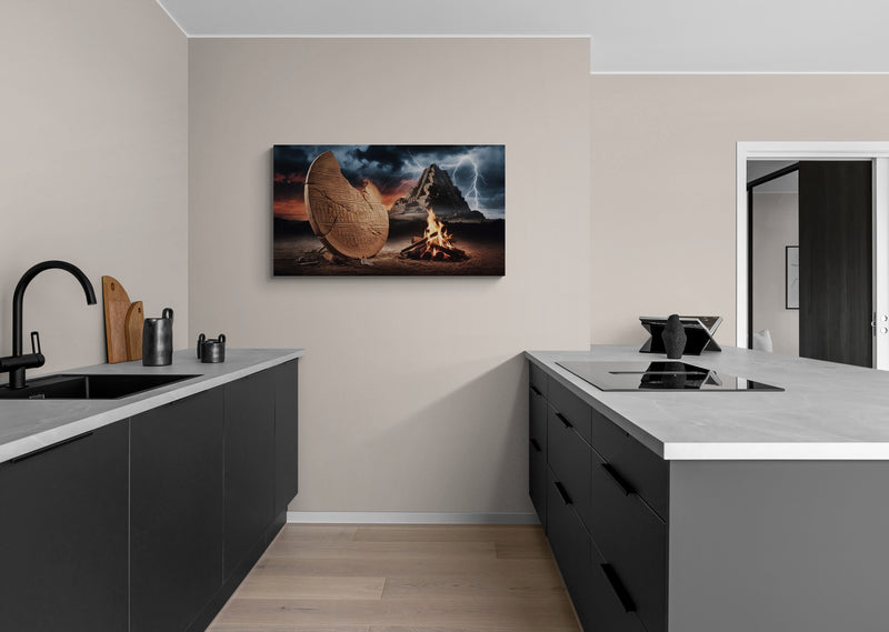 Oude stenen plaat met kampvuur en bergachtergrond - Canvas wandkunst
