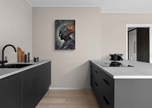 Canvas schilderij van de surrealistische man aan de muur boven het bed in de slaapkamer