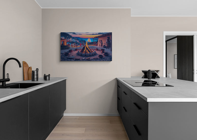 Kampvuur aan zee bij zonsondergang met mensen die samenkomen - Canvas Wall Art
