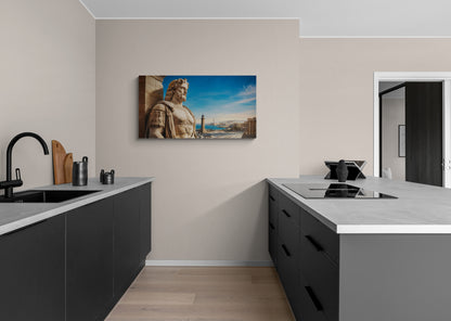 Marmeren standbeeld met uitzicht op kuststad met blauwe lucht - Canvas wandkunst