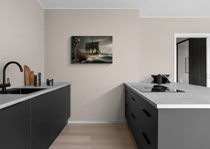 Historisch langschip vaart door stormachtige zee - Canvas wandkunst