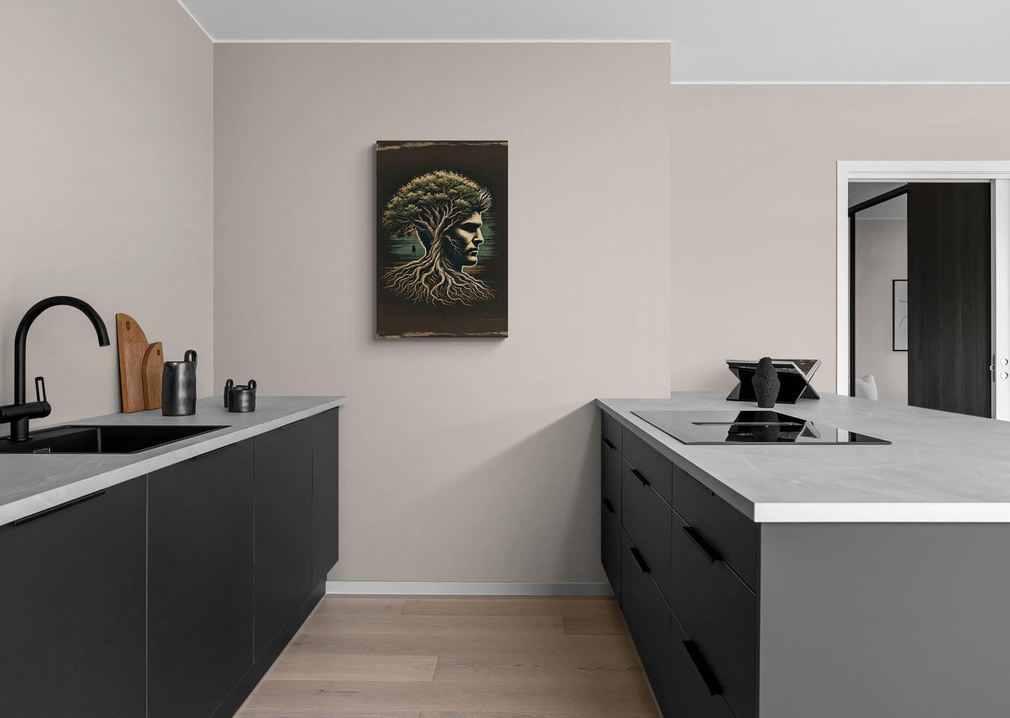 Boomhoofd Fusie Illustratie met Wortels en Bladeren – Canvas Wandkunst