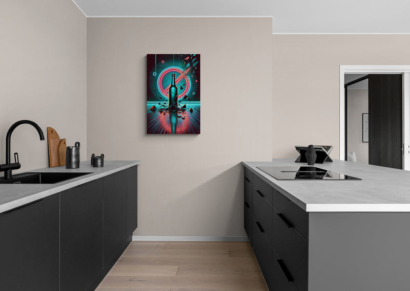 Retro Neon Fles Explosie in Synthwave Stijl – Canvas Wandkunst
