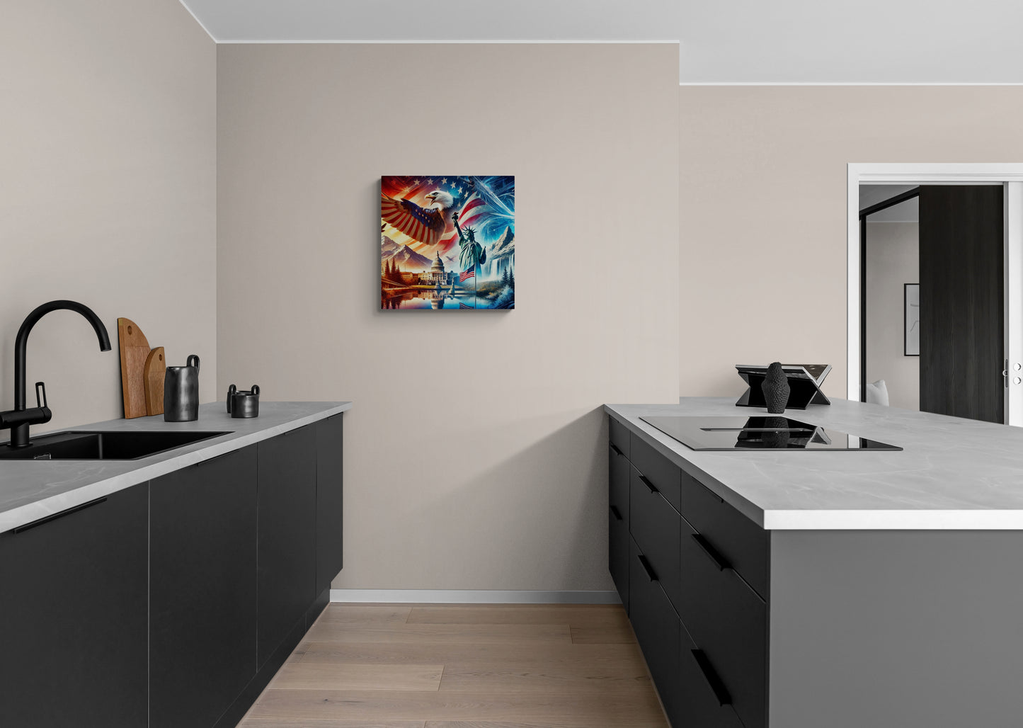 Surrealistische Amerikaanse symbolen en natuurcollage in fantasielandschap – Canvas wandkunst