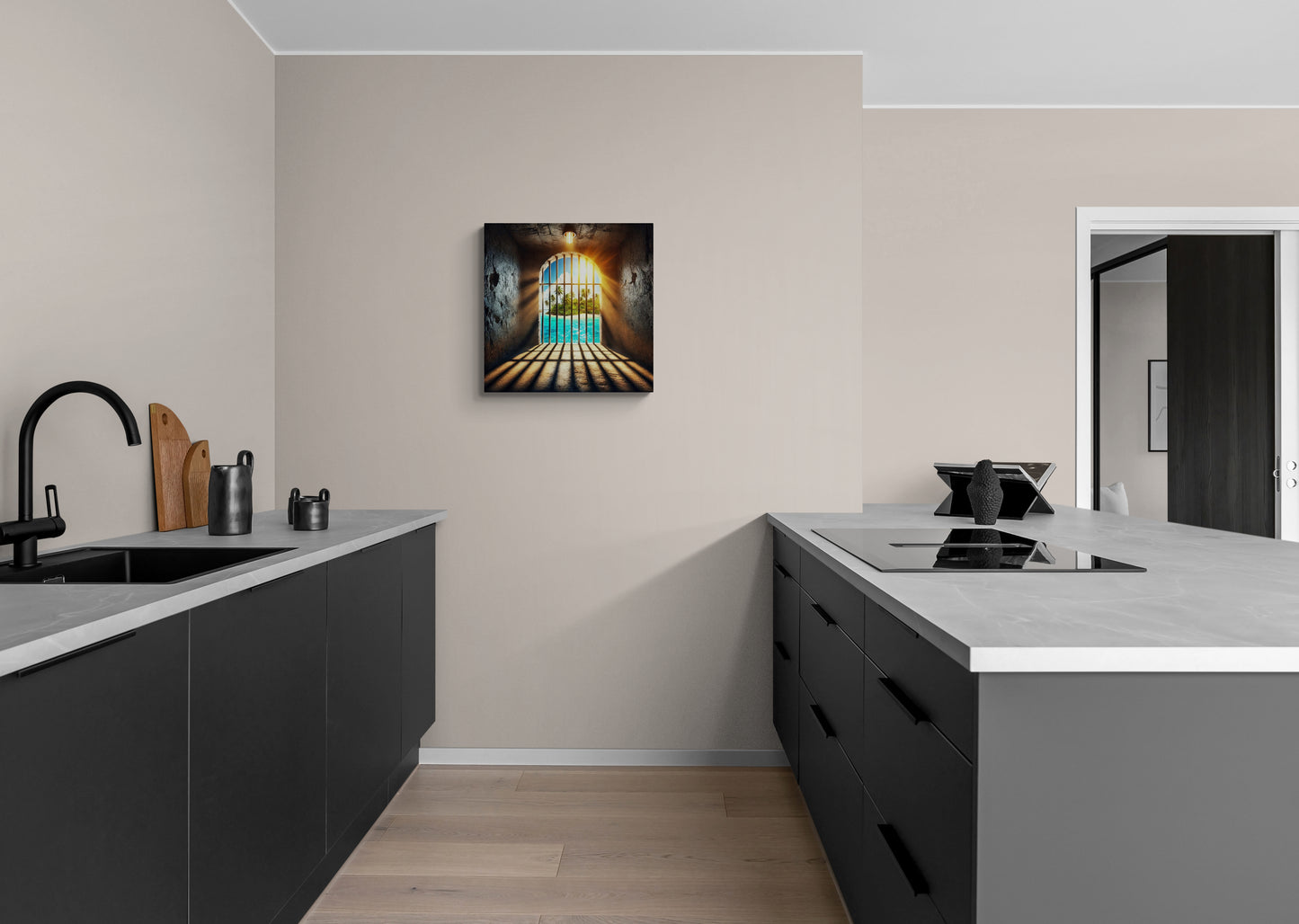 Tropisch eilandzicht door celraam met zonlicht en schaduwen - Canvas wandkunst