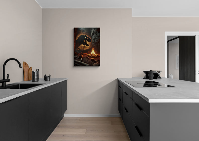 Dinosaurusschaduw met kampvuur in rotsgrot - Canvas wandkunst
