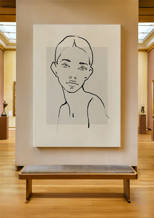 Vrouw in zwarte lijnkunst canvas schilderij aan de wand in de hal