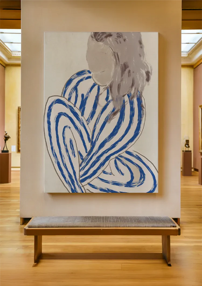 Frau Blaue Gestreifte Linien Abstrakt Figur Modern Expressionistisches Gemälde