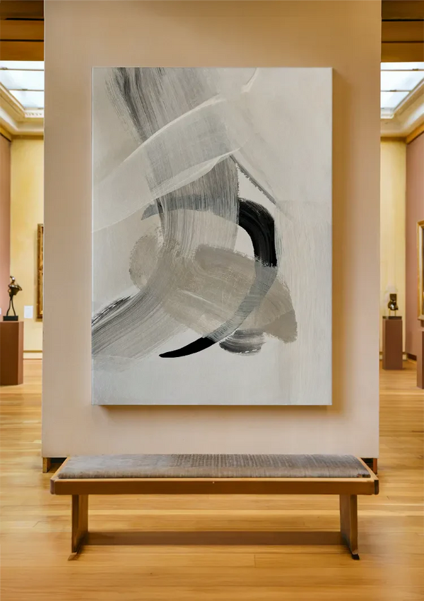 Abstracte Neutrale Penseelstreken Zwart Wit Expressionistisch Schilderij