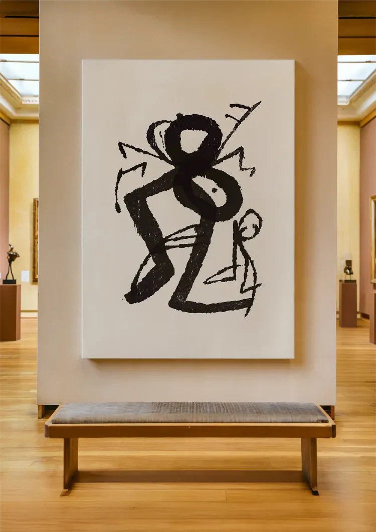 Grafische Figuren Zwarte Inkt Primitief Expressief Beige Schilderij