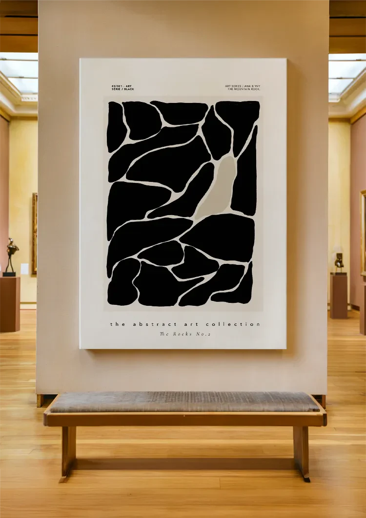Abstrakte schwarze Felsen, weiße Linien, organisches modernes Gemälde