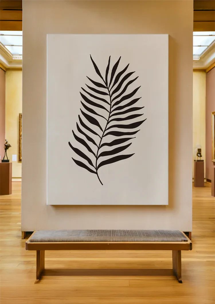 Zwart Palmblad Botanisch Minimalistisch Beige Achtergrond Schilderij