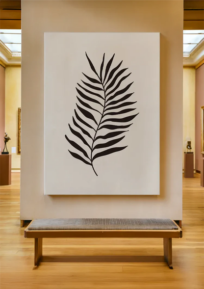 Zwart Palmblad Botanisch Minimalistisch Beige Achtergrond Schilderij