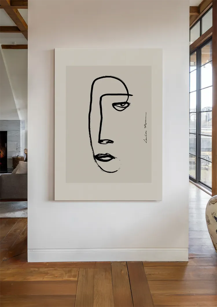 Frauengesicht Linienzeichnung Minimalistische Abstrakte Kunst Beiges Gemälde