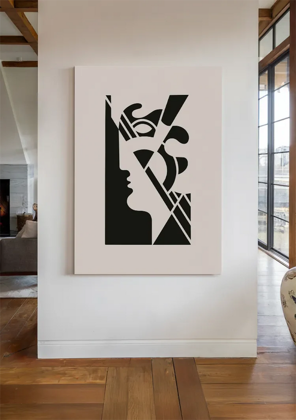Abstract Portret Geometrische Vormen Zwart Wit Art Deco Stijl Schilderij