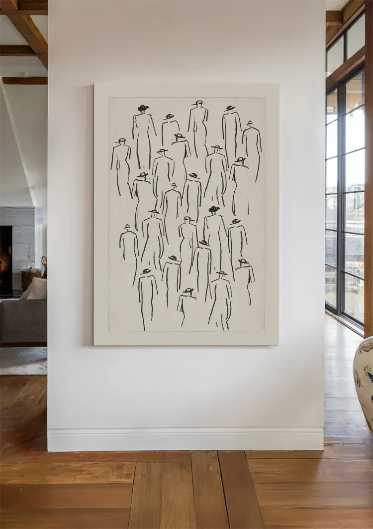 Menschenmenge mit Hüten Strichzeichnung Minimalistisch Schwarz-Weiß Menschen Kunst Malerei
