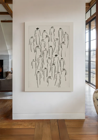 Menschenmenge mit Hüten Strichzeichnung Minimalistisch Schwarz-Weiß Menschen Kunst Malerei