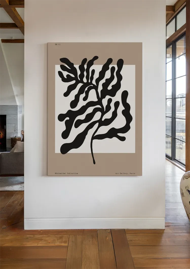 Zwarte Abstracte Bladvormen Beige Expressief Organisch Botanisch Kunst Schilderij