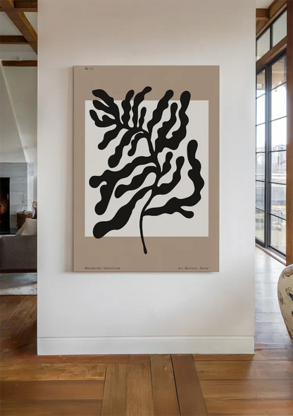 Zwarte Abstracte Bladvormen Beige Expressief Organisch Botanisch Kunst Schilderij