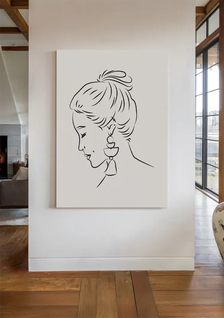Vrouw Profiel Opgestoken Haar Oorbel Lijntekening Elegant Portret Schilderij