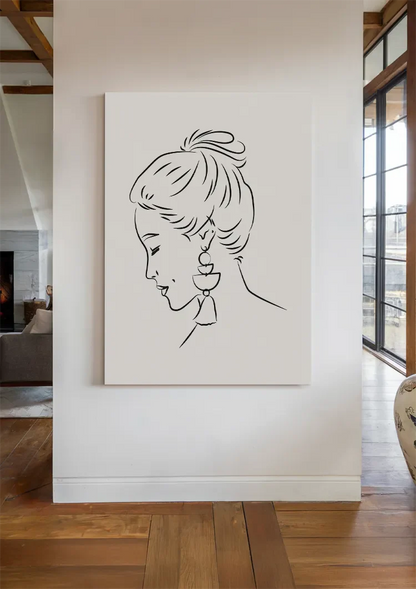 Vrouw Profiel Opgestoken Haar Oorbel Lijntekening Elegant Portret Schilderij