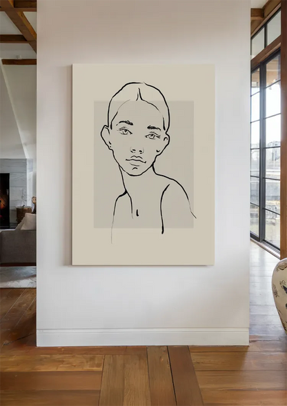 Elegante Frau Schwarz Linienkunst Beige Hintergrund Minimalistisches Porträt Gemälde