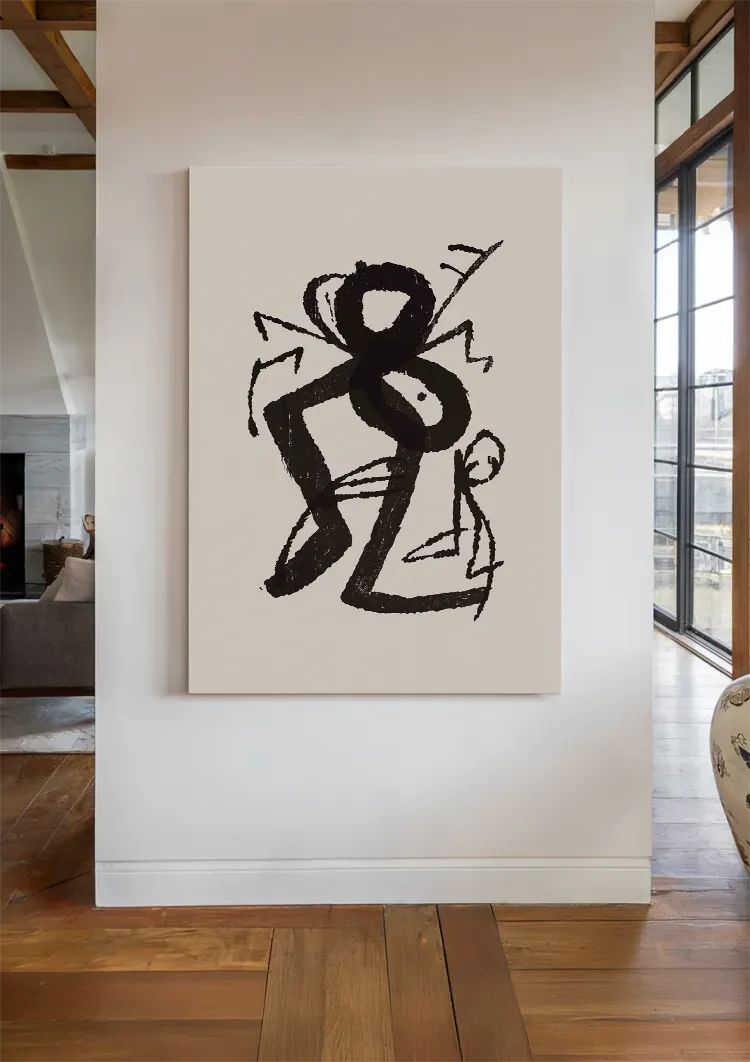 Grafische Figuren Zwarte Inkt Primitief Expressief Beige Schilderij