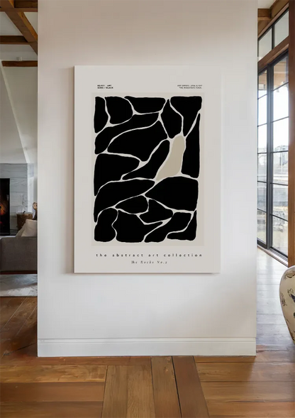 Abstrakte schwarze Felsen, weiße Linien, organisches modernes Gemälde