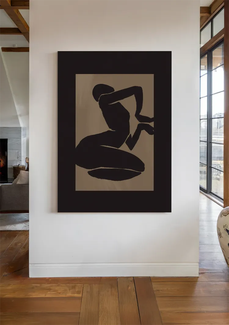Black Silhouette Female Figure Kneeling Matisse Style Beige Painting