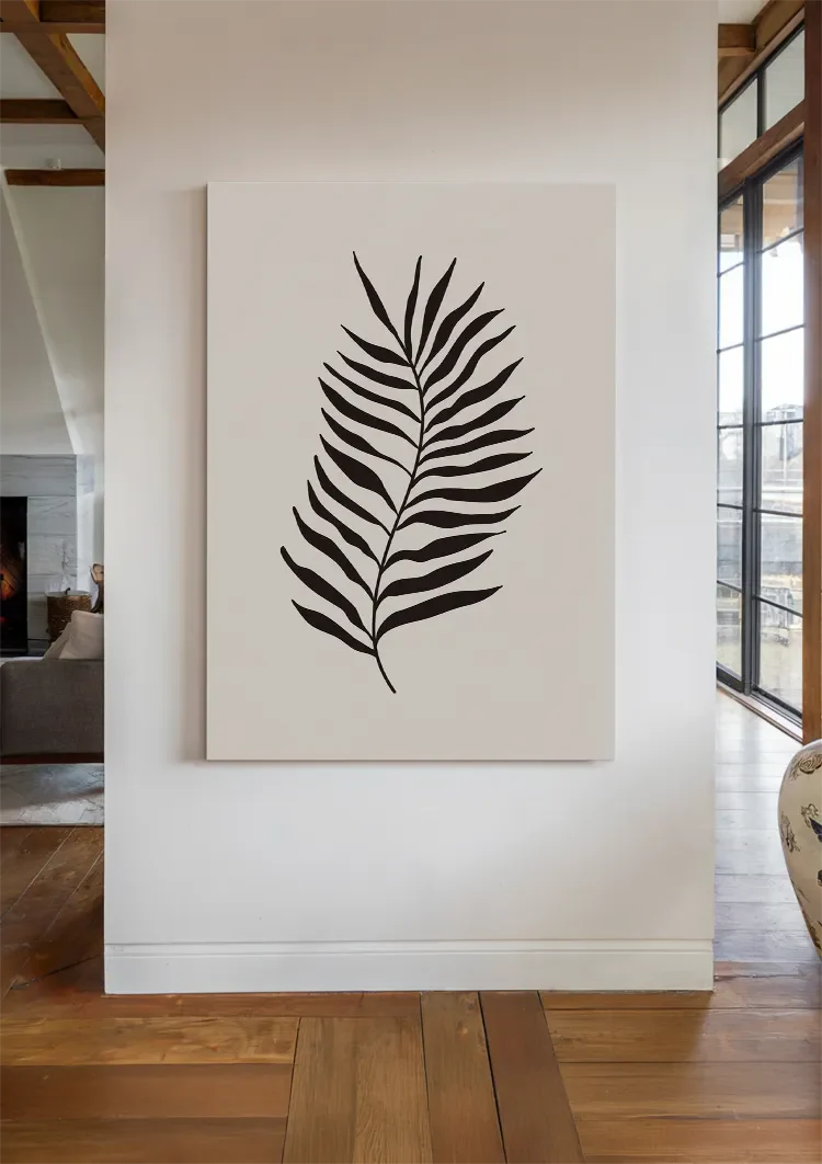 Zwart Palmblad Botanisch Minimalistisch Beige Achtergrond Schilderij