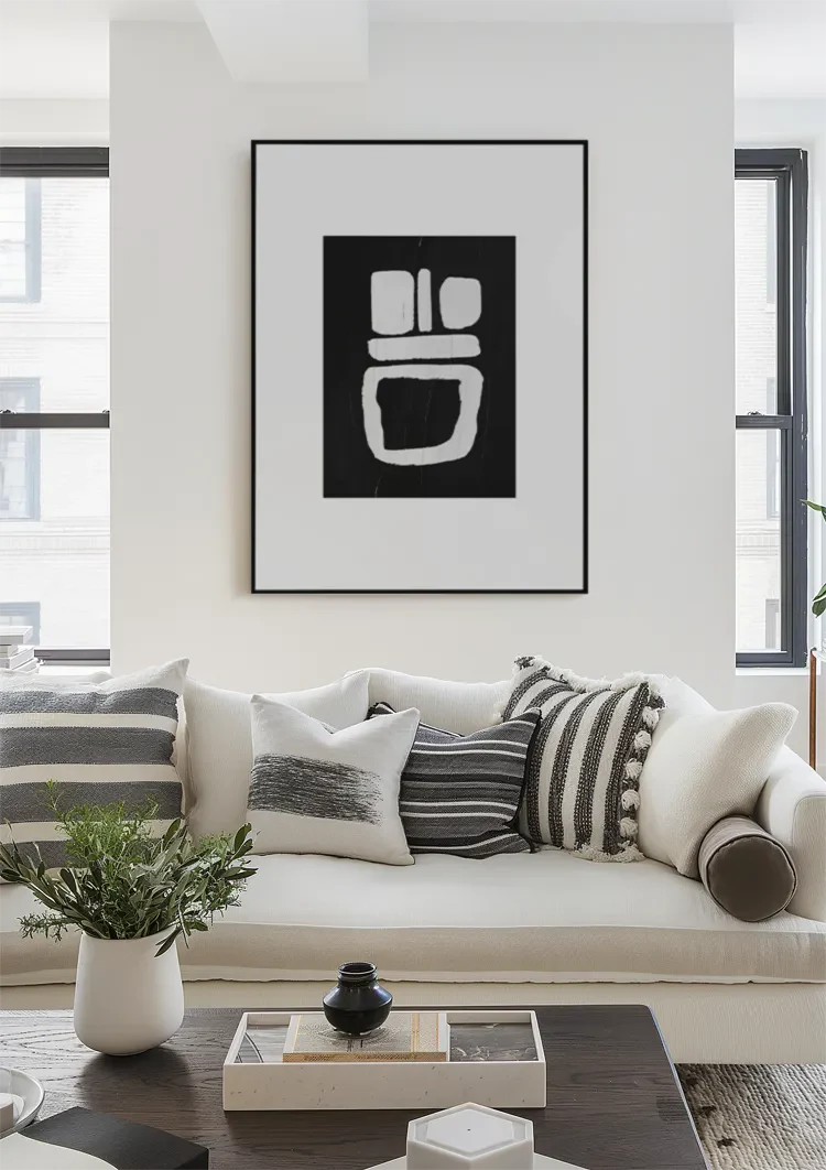 Weiße geometrische Formen, schwarzes, minimalistisches, abstraktes Kunstgemälde