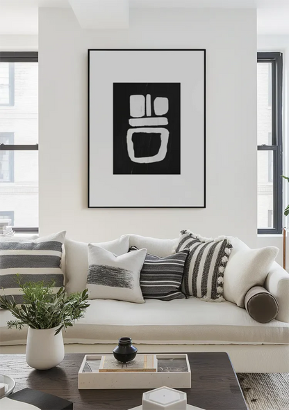 Weiße geometrische Formen, schwarzes, minimalistisches, abstraktes Kunstgemälde